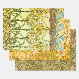 Vintage Alphonse Mucha Art Nouveau Lily Pattern Wrapping Paper Sheet