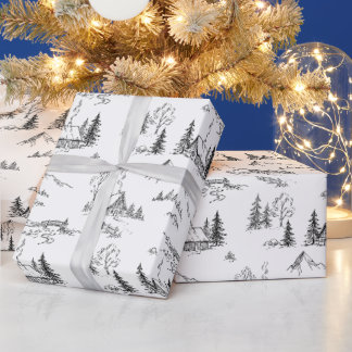 Vintage Alpine Cabin Toile Black and White Wrapping Paper