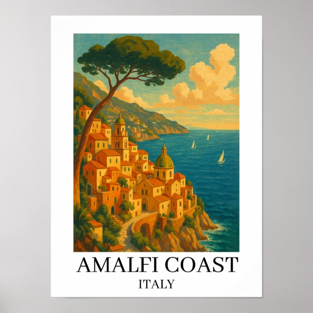Vintage Amalfi Coast Italy Illustration Poster (Front)