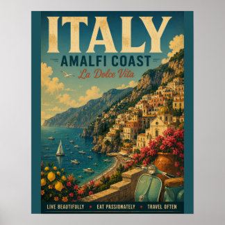 Vintage Amalfi Coast Italy Travel Poster with Sere