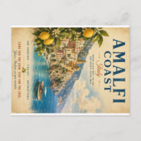 Vintage Amalfi Coast Italy Travel Poster with Sun-