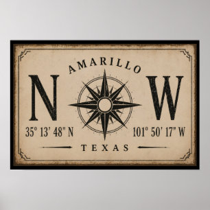 Vintage Amarillo Texas Coordinates Compass Poster