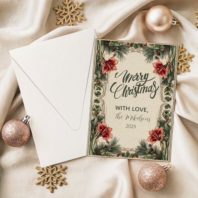 Vintage Amaryllis and Holly Christmas Holiday Card (Creator Uploaded)