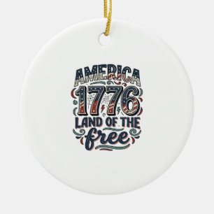 Vintage America 1776 Land of the Free Shirt Design Ceramic Tree Decoration