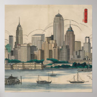 Vintage America Boston Ma City Skyline Ukiyo Style