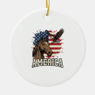 Vintage America Horse Eagle Patriotic Vector Desig Ceramic Tree Decoration