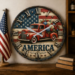 Vintage America Rustic USA Flag Pickup Truck Farm Large Clock