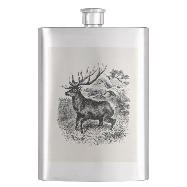 Vintage American Elk Personalised Old Illustration Hip Flask (Front)