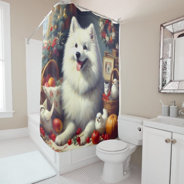 Vintage American Eskimo Painting Shower Curtain (In Situ)