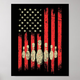 Vintage American Flag Bowling Pins Patriotic Bowl Poster