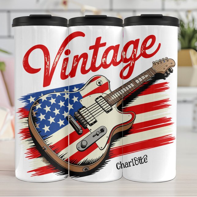 Vintage American Flag Guitar: Patriotic Music Thermal Tumbler (Creator Uploaded)