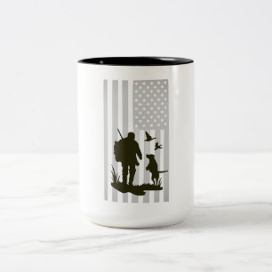 Vintage American Flag Hunting Silhouette Outdoor Two-Tone Coffee Mug