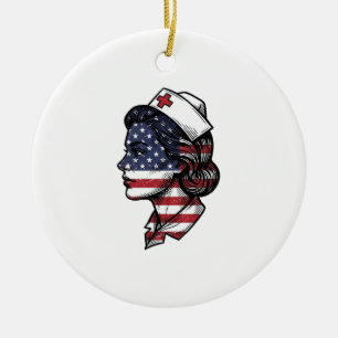 Vintage American Flag Nurse Profile Vector Design_ Ceramic Tree Decoration