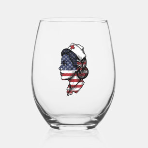 Vintage American Flag Nurse Profile Vector Design_ Stemless Wine Glass