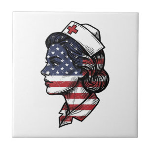 Vintage American Flag Nurse Profile Vector Design_ Tile