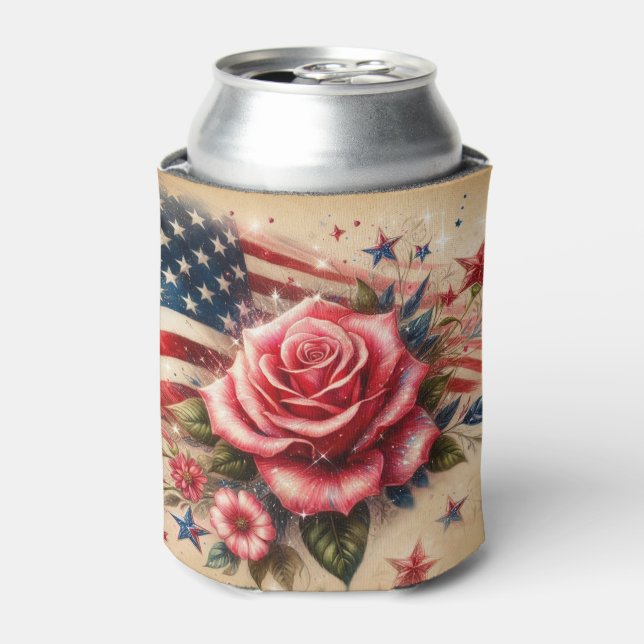 Vintage American Flag, Roses and Stars Can Cooler (Can Front)