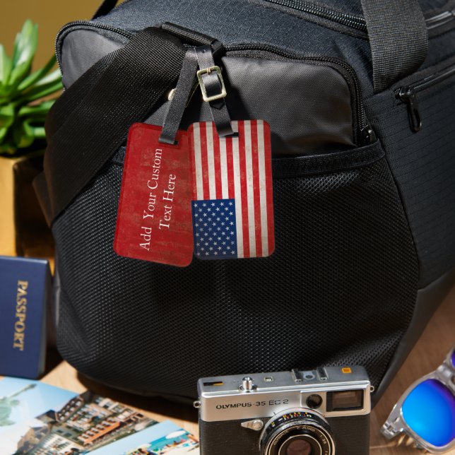 Vintage American Flag w/Custom Text Luggage Tag (Front & Back)