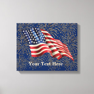 Vintage American Flag with Gold Glitter Fireworks Canvas Print