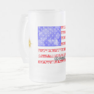 Vintage American flag with starbursts & faux lace Frosted Glass Beer Mug