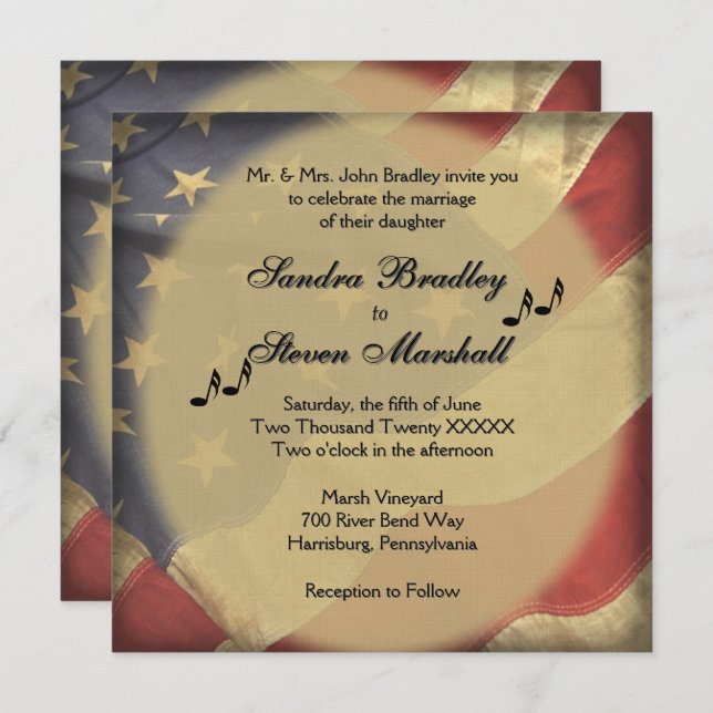 Vintage American Flat Music Theme Wedding  Invitation (Front/Back)