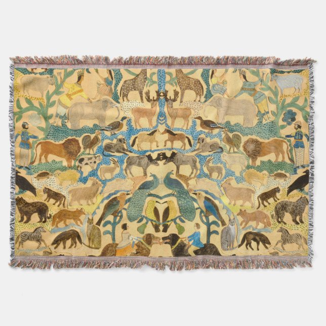 Vintage American Folk Art Animals Throw Blanket (Front)