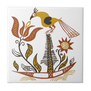 Vintage American Folk Art Tulip Bird Custom Colour Tile