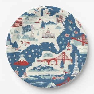 Vintage American Landmark Pattern (2) Paper Plate