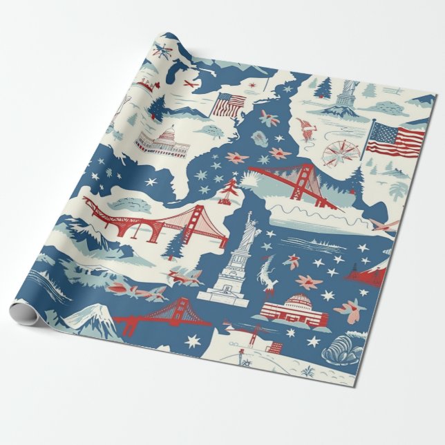 Vintage American Landmark Pattern (2) Wrapping Paper (Unrolled)