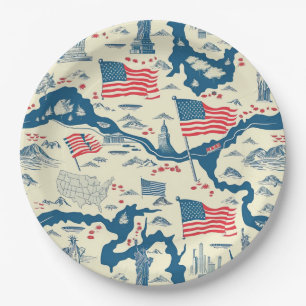 Vintage American Landmark Pattern (4) Paper Plate