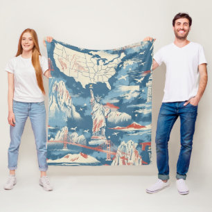 Vintage American Landmark Pattern – Liberty, USA Fleece Blanket