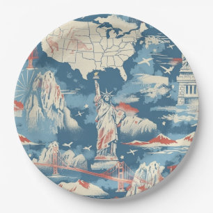Vintage American Landmark Pattern – Liberty, USA  Paper Plate