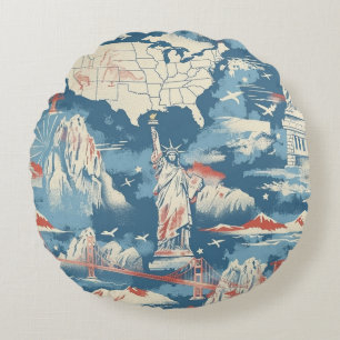Vintage American Landmark Pattern – Liberty, USA Round Cushion