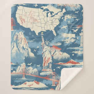 Vintage American Landmark Pattern – Liberty, USA Sherpa Blanket