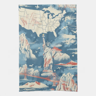 Vintage American Landmark Pattern – Liberty, USA Tea Towel