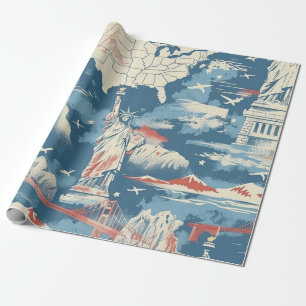 Vintage American Landmark Pattern – Liberty, USA Wrapping Paper