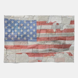 Vintage American Patriotic Map Flag On Wall Tea Towel