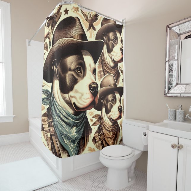 Vintage American Pit Bull Terrier Illustration Shower Curtain (In Situ)