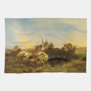 Vintage American West Art, Buffalo Hunt by Wimar Tea Towel