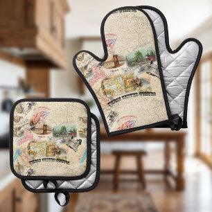 Vintage Americana Oven Mitt & Pot Holder Set