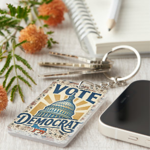 Vintage Americana Patriotic Folk Art Democrat Vote Key Ring