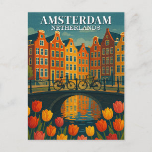 Vintage Amsterdam Bicycles on Bridge Flowers Postcard