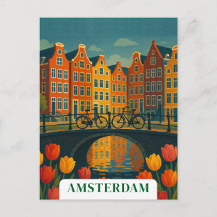 Vintage Amsterdam Bicycles on Bridge Flowers Postcard