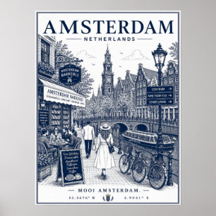 Vintage Amsterdam Canal Bikes Street Illustration Poster