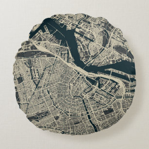 Vintage Amsterdam Map: Retro Minimalist Round Cushion