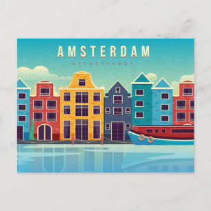 Vintage Amsterdam Netherlands Waterfront & Boat Postcard