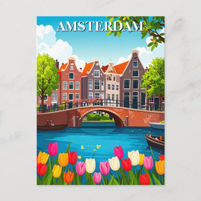 Vintage Amsterdam Travel With Tulips Postcard (Front)