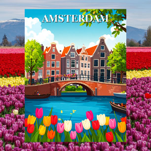 Vintage Amsterdam Travel With Tulips Postcard