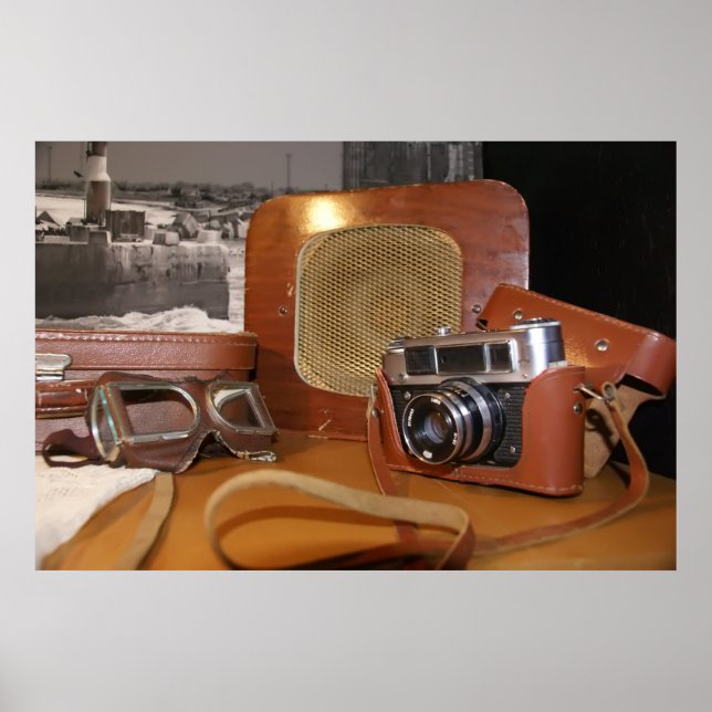 Vintage analog camera in leather brown case poster (Front)