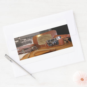 Vintage analogue camera in leather brown case rectangular sticker