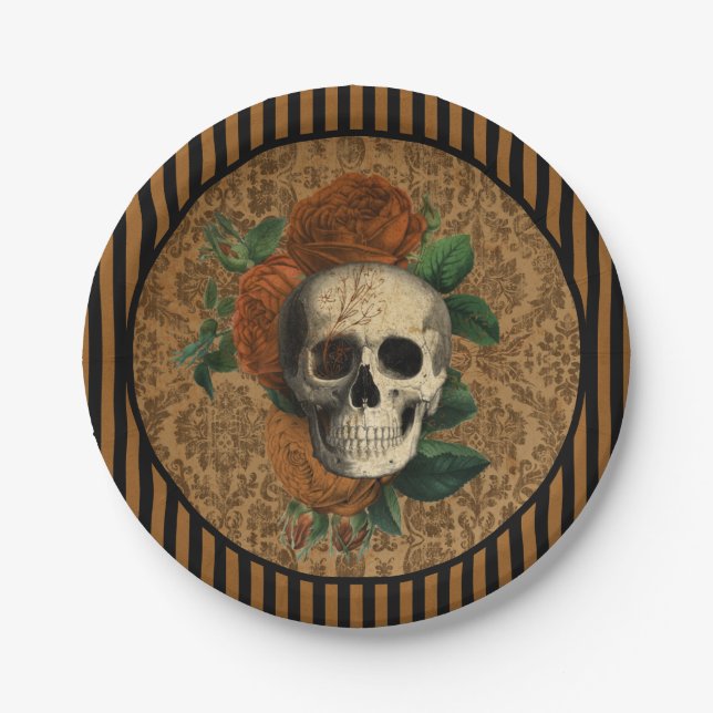 Vintage Anatomy | Skull with Roses Halloween Paper Plate (Front)